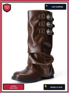 Women's Faux Leather Motorcycle Knee High Boots Low Chunky Heel Slouchy Pull On
